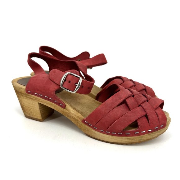 MIA Bety Woven Suede Leather Heeled Wood Swedish Clogs Red Size 39 8.5 - Picture 5 of 10